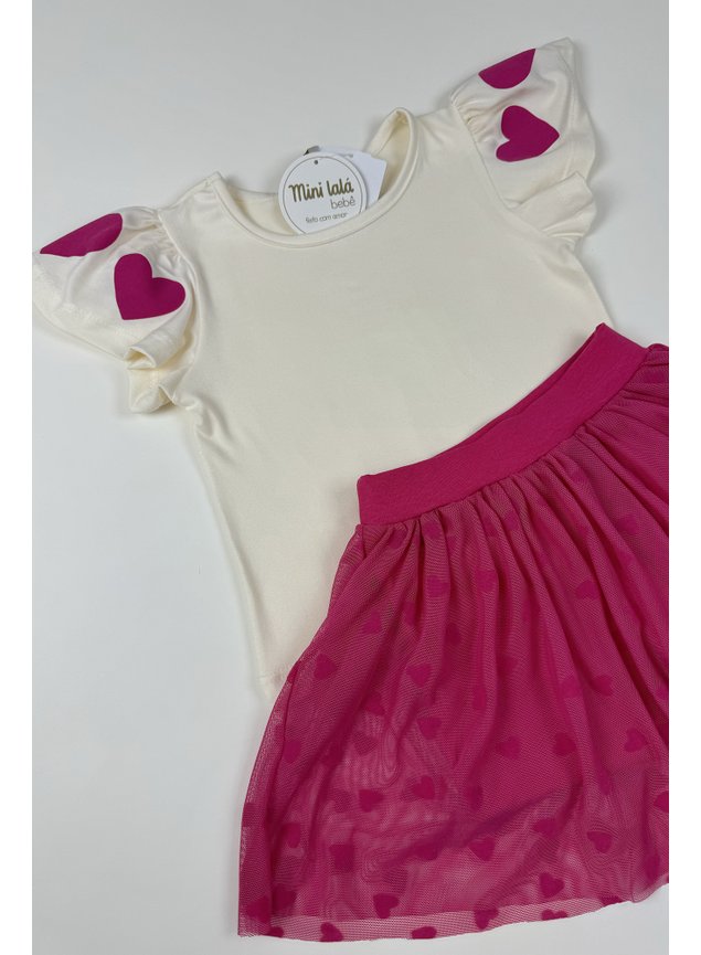 Conjunto manga curta tule coaes rosa pink blusa shorts saia miniconceito menina  e