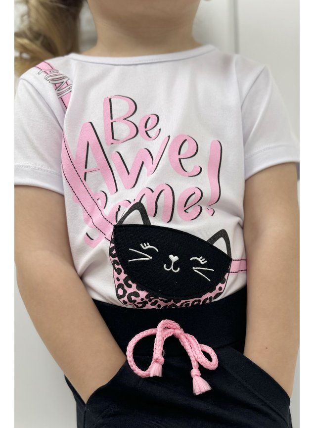 conjunto blusa manga curta bolsinho com shorts saia preto gatinho menina infantil miniconceito b