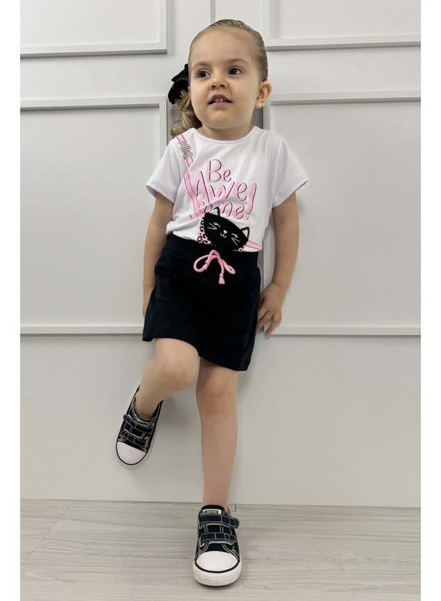 conjunto blusa manga curta bolsinho com shorts saia preto gatinho menina infantil miniconceito q