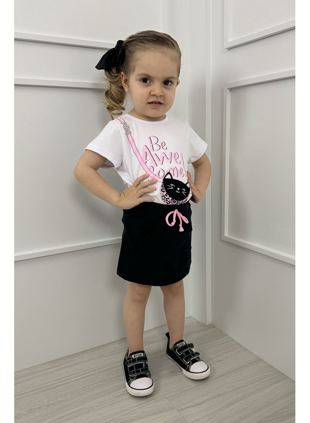 conjunto blusa manga curta bolsinho com shorts saia preto gatinho menina infantil miniconceito r