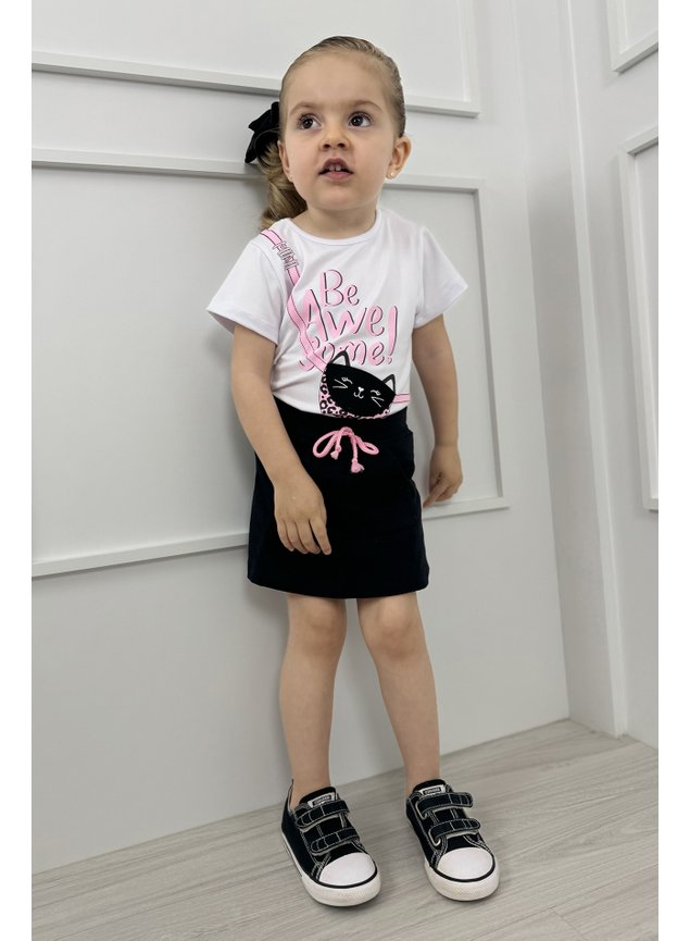 conjunto blusa manga curta bolsinho com shorts saia preto gatinho menina infantil miniconceito