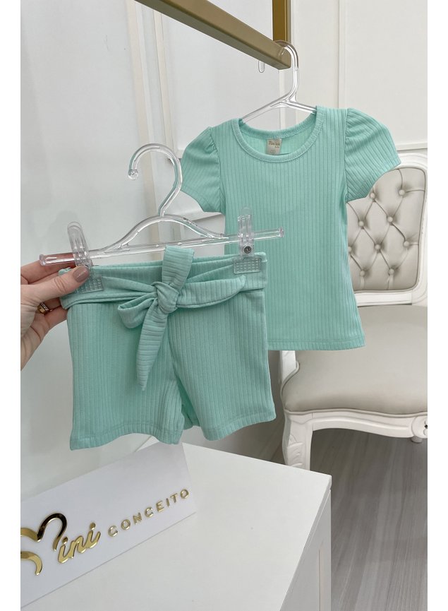 conjunto ribana canelada menina infantil bebe blusa manga curta shorts laco miniconceito