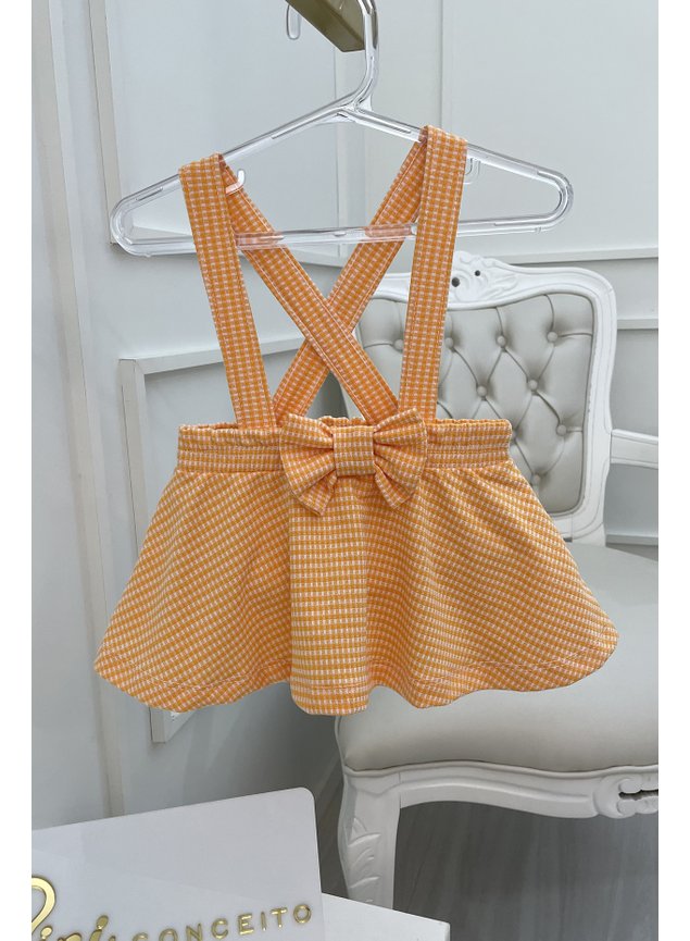Salopete xadrez laranja menina infantil saia lao bebe miniconceito