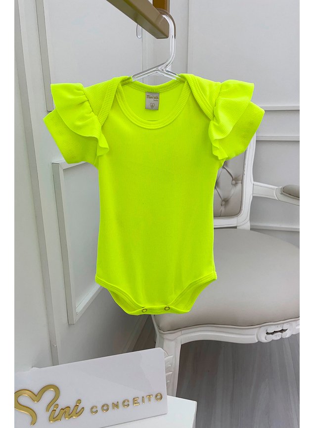 body menina infantil bebe pink miniconceito babado amarelo neon