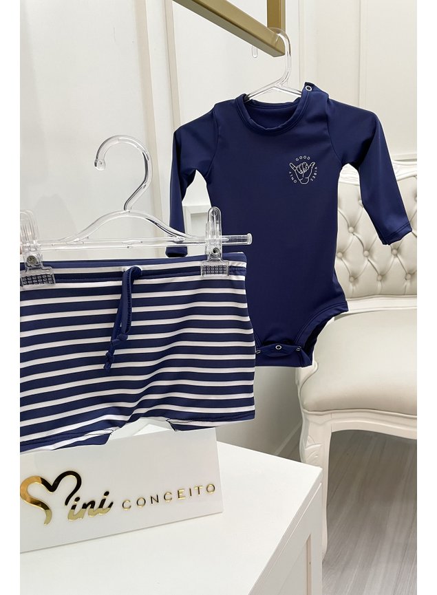 Conjunto menino praia marinho sunga blusa manga longa proteo uv miniconceito