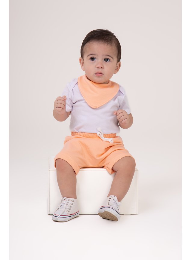 Conjunto body shorts babador laranja branco bebe menina menino infantil miniconceito b