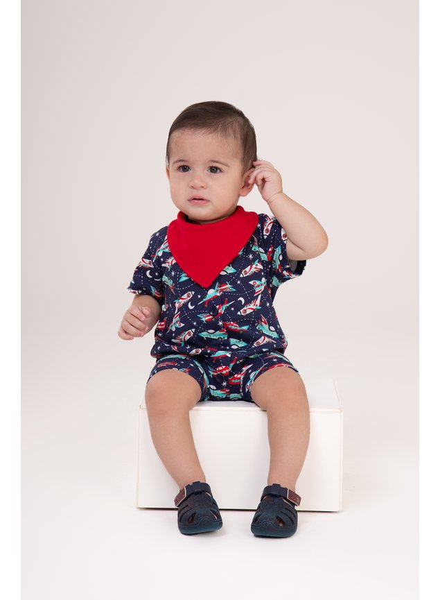 Conjunto menino macacao babador vermelho foguete espao miniconceito bebe