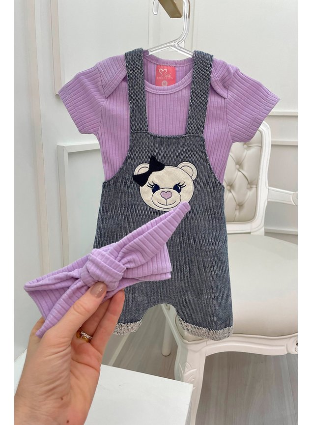 conjunto body e jaridineira bebe menina intantil ursinho lilas cinza mescla b