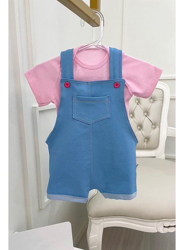 Conjunto jardineira azul rosa body blusa menina infantil bebe
