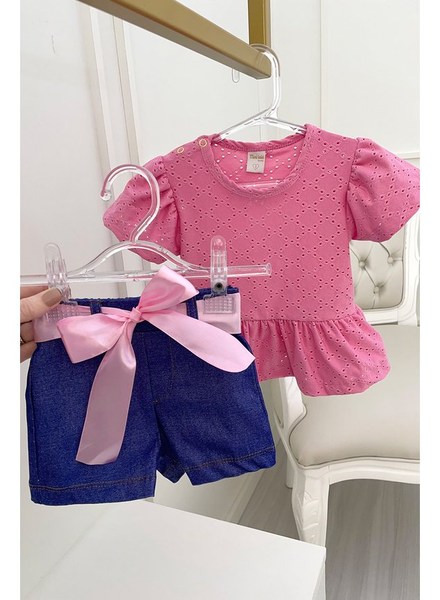 blusa laise e shorts jeans lao cetim menina infantil rosa marinho bebe