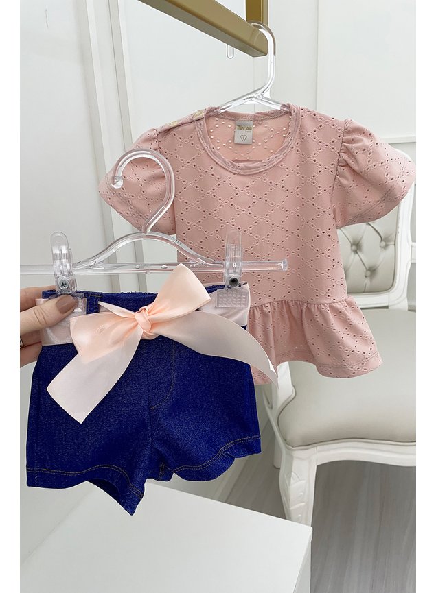 blusa laise e shorts jeans laco cetim menina infantil rosa marinho bebe chiclete