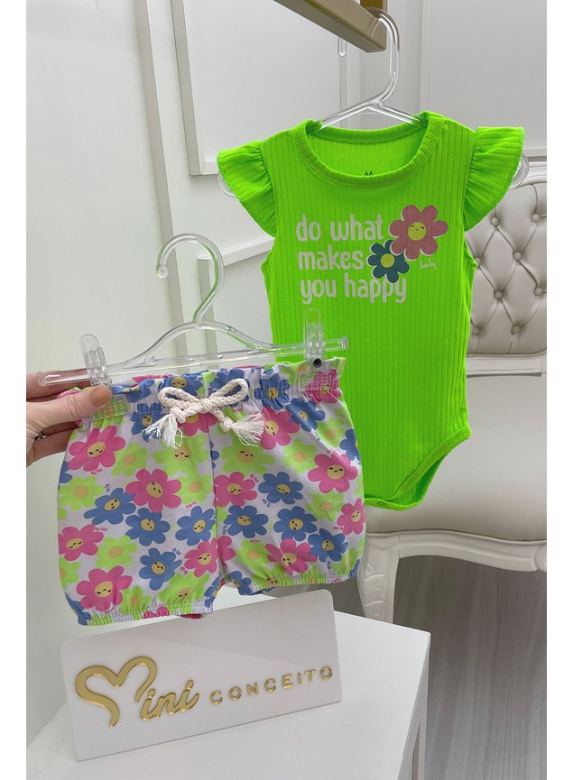 conjunto body e shorts flores neon menina infantil miniconceito