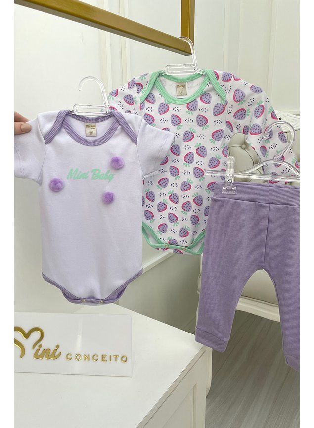 kit body manga curta manga longa menina infantil calca legging lilas branco pompom y