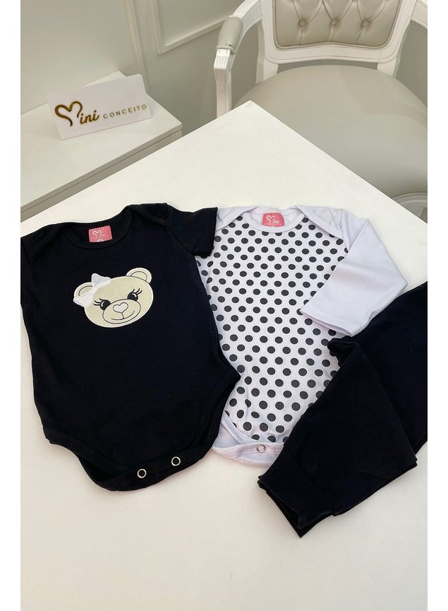 Kit body manga curta manga longa menina infantil cala legging preto branco pompom t urso