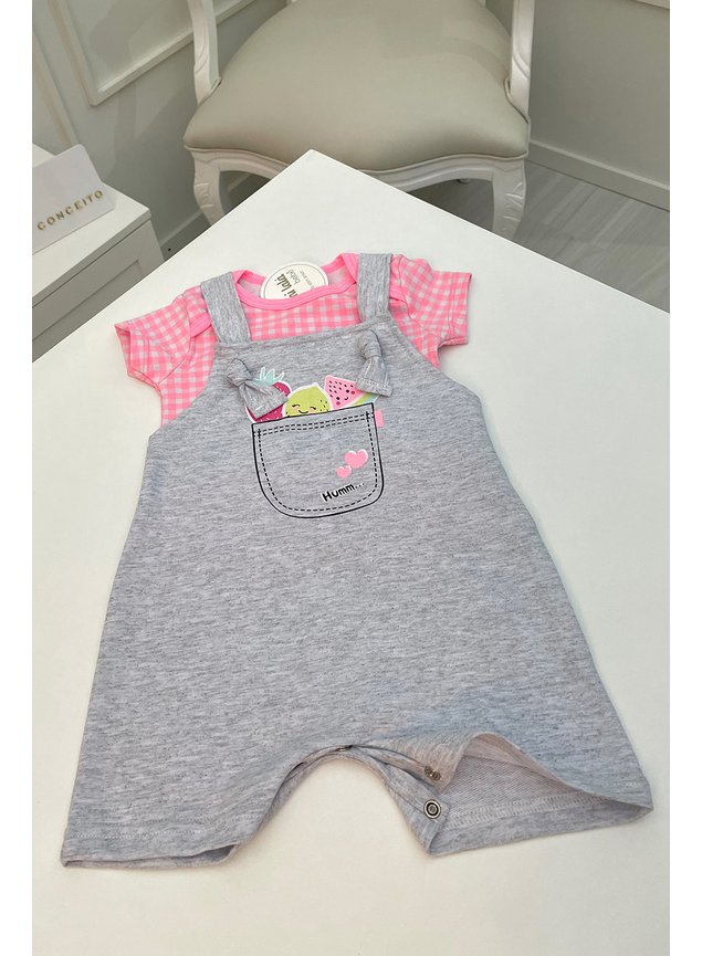 jardineira mescla cinza frutas meninas infantil body b