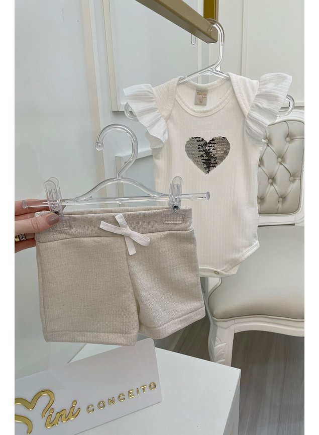 Conjunto shorts prata body branco paete corao menina bebe infantil