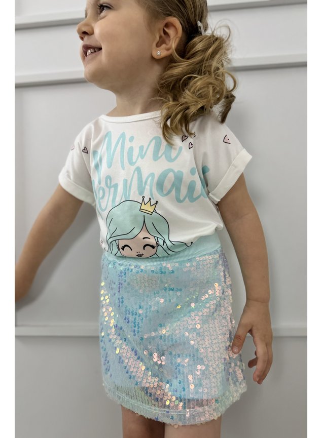 conjunto sereia paete azul verde menina infantil mermaid brilho blusa shorts saia miniconceito b