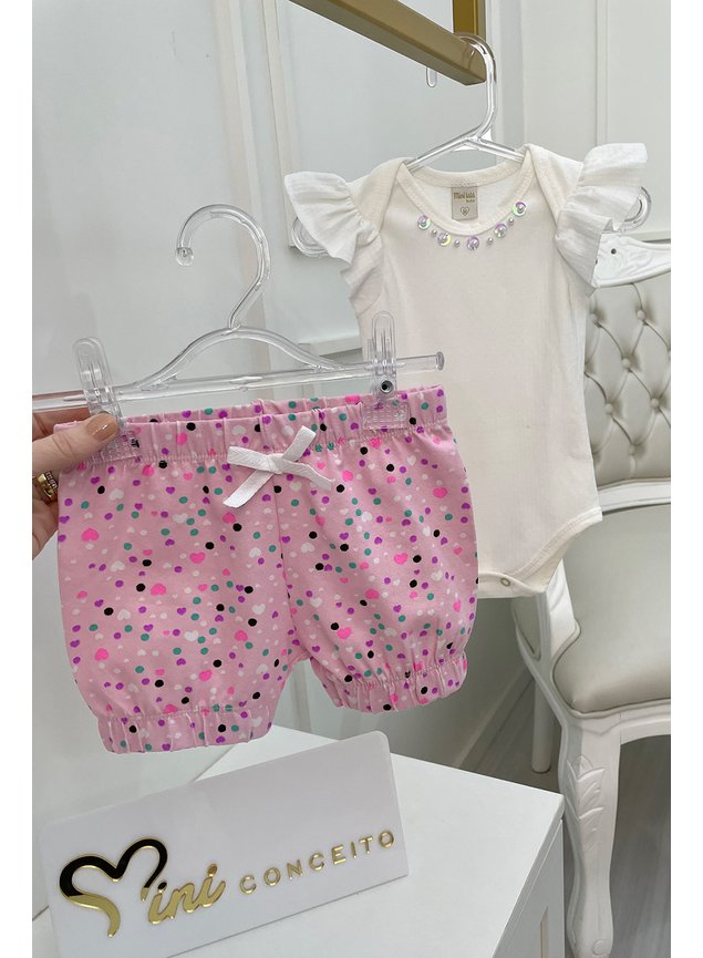 conjunto pos rosa body branco prolas shorts rosa