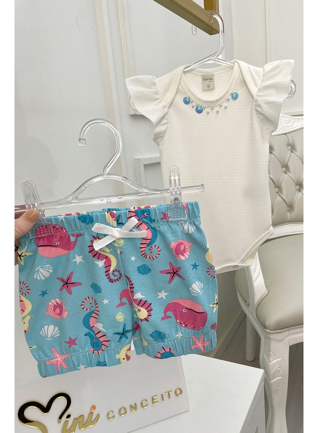MAr azul shorts body branco perolas bebe menina infantil minicocneto