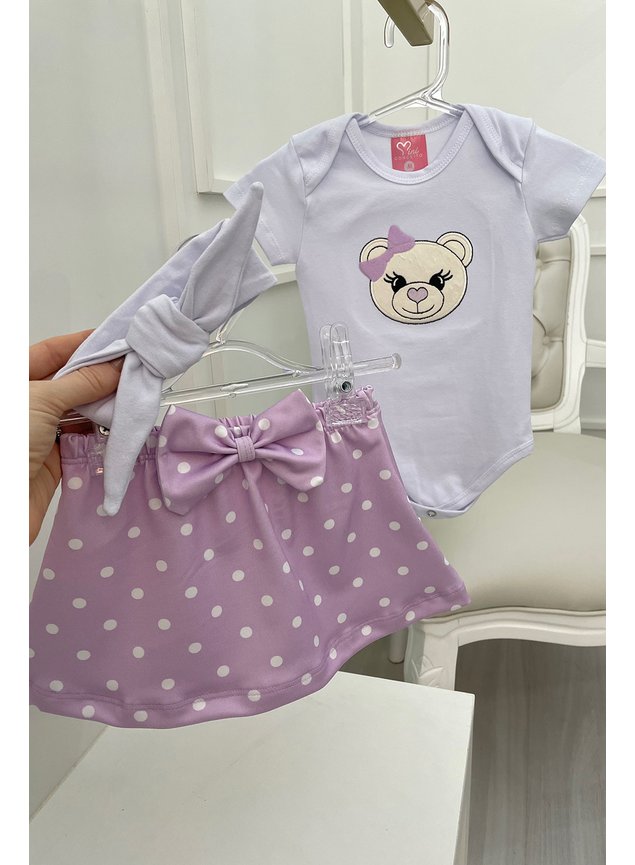 Conjunto saia shorts lils pos body faixa menina infantil bebe miniconceito ursinho