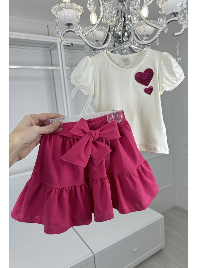 conjunto rosa pink coracao paete menina infantil shorts saia blusa miniconceito laco qq