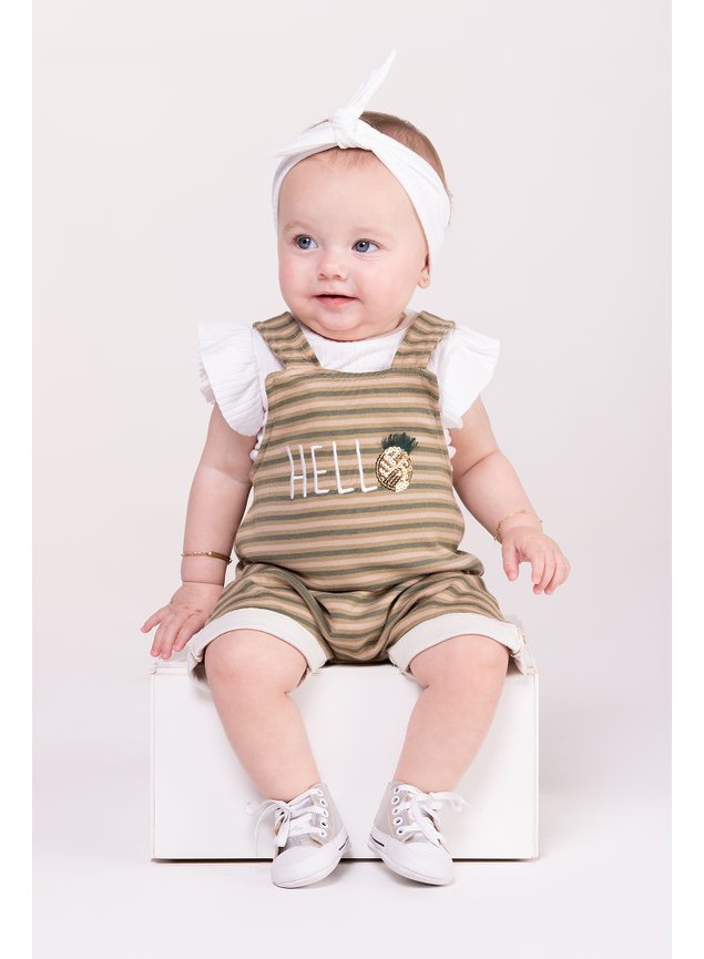 jardineira abacaxi amarelo verde body menina bebe infantil miniconceito