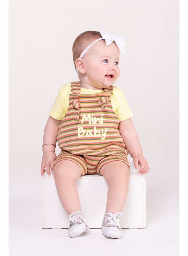jardineira laranja amarelo verde body menina bebe infantil miniconceito