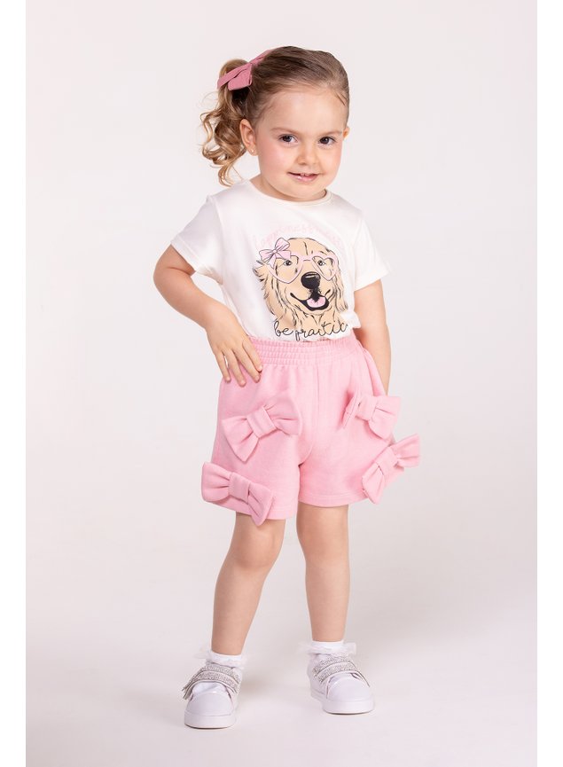 conjunto cachorrinho cachorro rosa oculos coracao lacos shorts blusa b