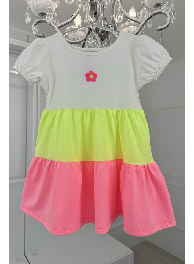 menina infantil vestido recortes flor neon rosa amarelo branco verao
