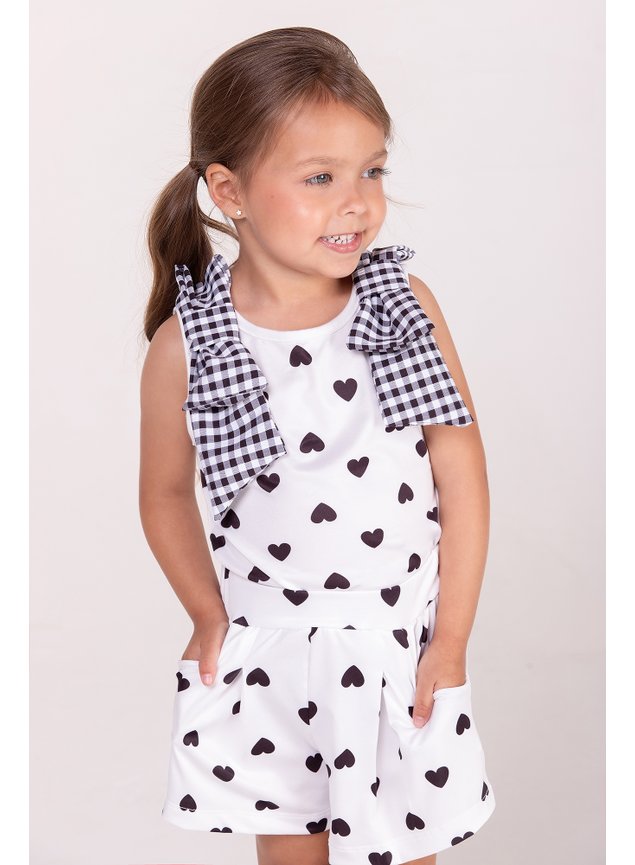 conjunto coracoes xadrez preto branco menina infantil minicocneito shorts regata