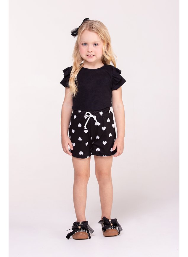 conjunto menina infantil minicocneito blusa branca coracao cetim shorts preto