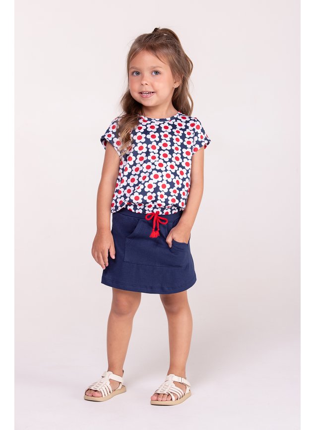 conjunto flores marinho vermelho branco menina infantil minicocneito shorts blusa b