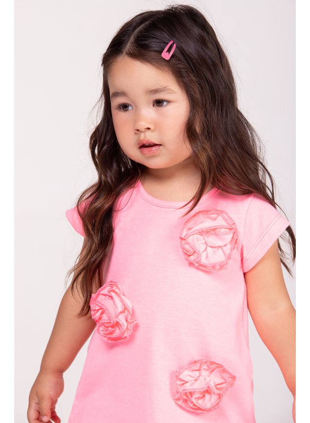 blusa rosa neon flores menina infantil manga curta