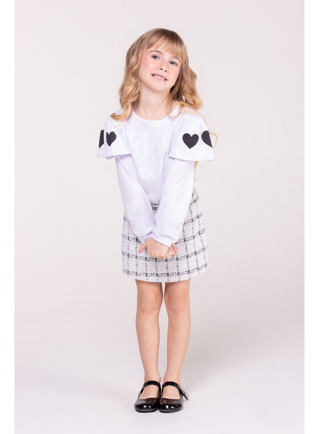 conjunto manga longa tweed preto branco coracoes babado menina infantil minicocneito