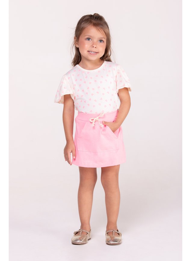 conjunto blusa e shorts saia corao rosa neon menina infantil minicocneito