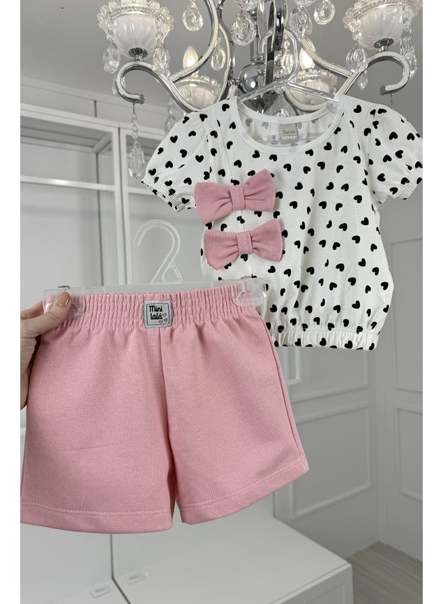 conjunto blusa coracoes preto laco rosa shorts moletinho meninas infantil miniconceito
