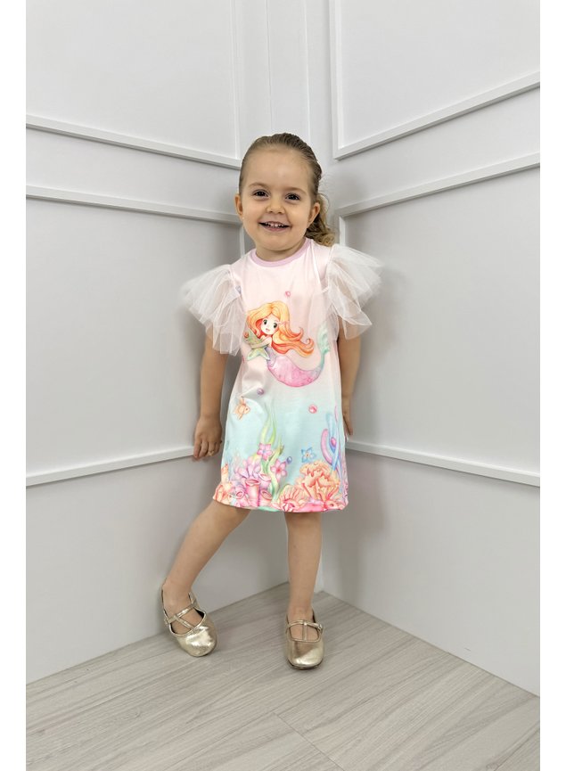 vestido infantil sereia meninas tule manga miniconceito mar peixes 2