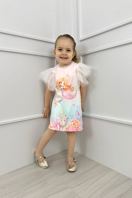 vestido infantil sereia meninas tule manga miniconceito mar peixes 2