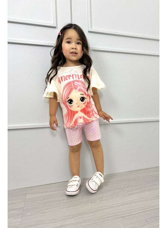 conjunto sereia menina infantil shorts blusa babado frente costa calda holorafico rosa
