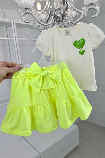 CONJUNTO coraes paete shorts saia menina infantil bebe mini conceito mini lala verde neon bebe
