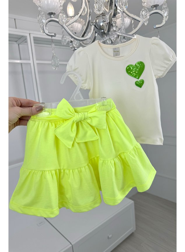 CONJUNTO coraes paete shorts saia menina infantil bebe mini conceito mini lala verde neon bebe