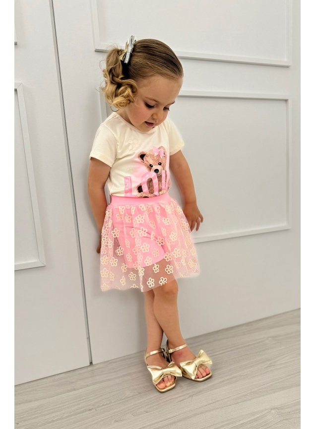 CONJUNTO coraes paete shorts saia menina infantil bebe mini conceito mini lala amarelo neon URSO NEON ROSA URSINHO