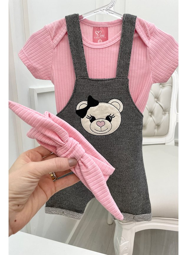 conjunto jardineira rosa body jardineira urso menina infantil miniconceito