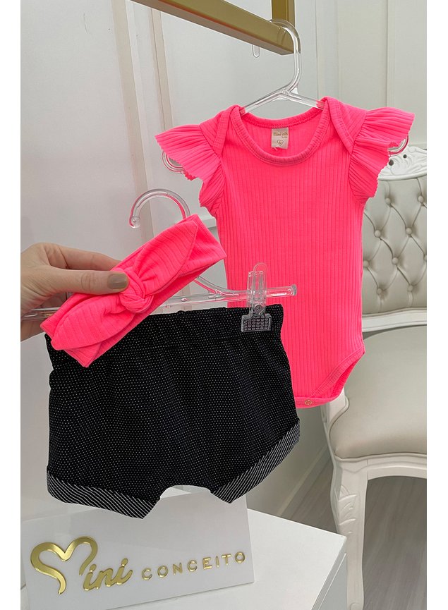 conjunto neon rosa preto faixa calcinha body bebe menina infantil miniconceito