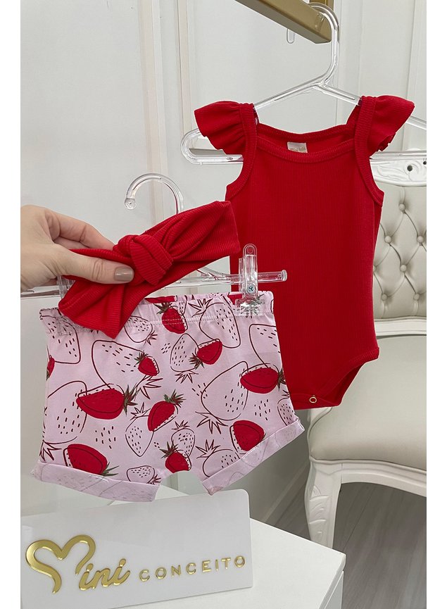 conjunto moranguinho body shorts faixa vermelho menina infantil bebe