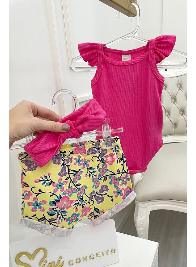 conjunto flores body shorts faixa amarelo rosa menina infantil bebe