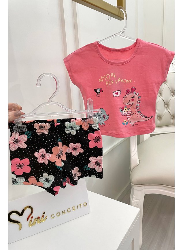 conjunto blusa shorts dinossauro menina infantil miniconceito flor