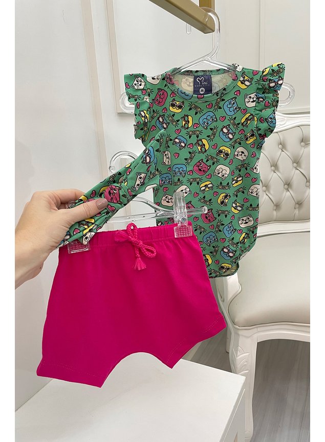 conjunto gato verde rosa body shorts faixa vermelho menina infantil bebe