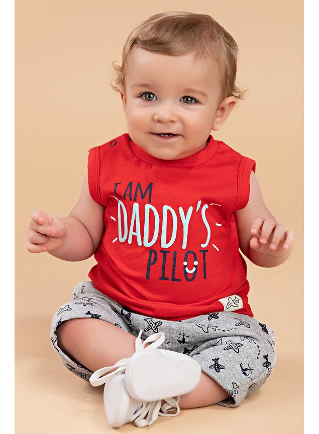 conjunto bebe menino infantil blusa bermuda bege vermelho
