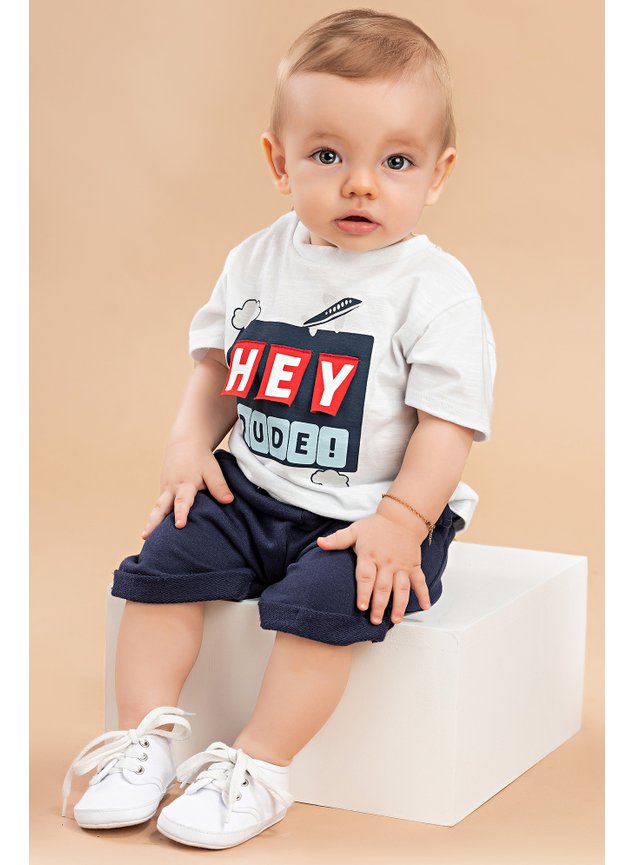conjunto bebe menino infantil blusa bermuda bege marinho